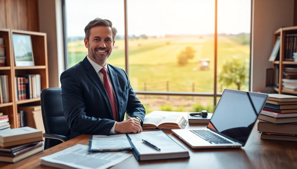 Legal consultation on agricultural law with an attorney in a farm setting.