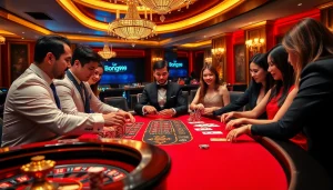 The excitement of a live casino game featuring Bong99, showcasing players and a dealer at a blackjack table.