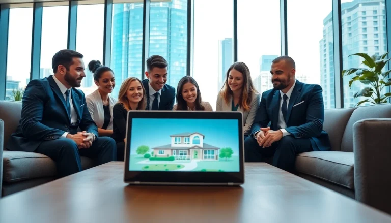 Engaged real estate agents collaborating on property listings, showcasing a modern office environment.