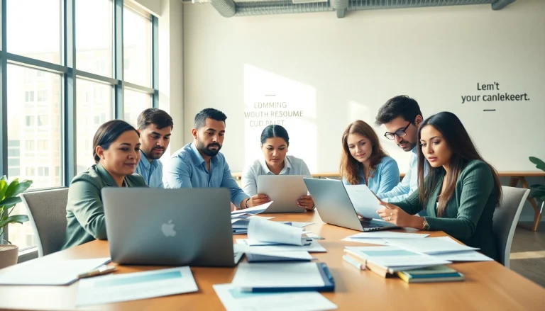 Engaging scene of professionals collaborating on resume building activities, enhancing their job applications.