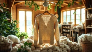 Showcase the handcrafted garment from https://www.ound-ound.com surrounded by natural materials and bright light.