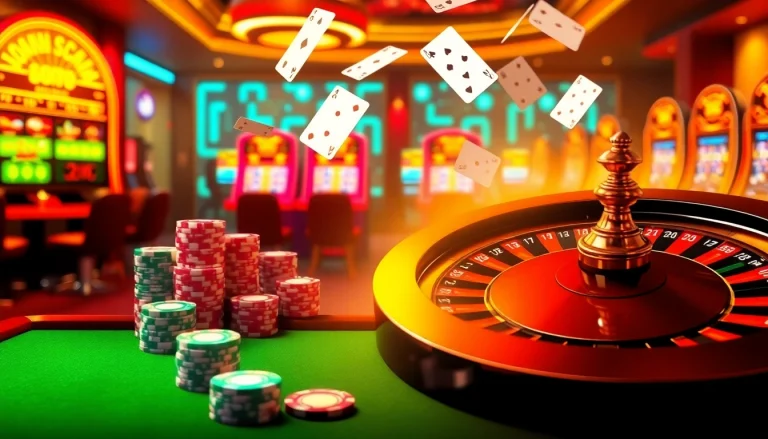 Experience the excitement of gambling at Nhà cái vua99 with vibrant poker chips and a modern roulette wheel.