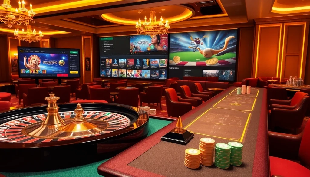 Experience the thrill of OK365 Trang chủ with vibrant casino elements like roulette and poker chips.