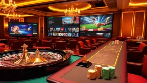 Experience the thrill of OK365 Trang chủ with vibrant casino elements like roulette and poker chips.