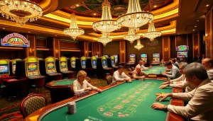 Exciting Casino QH88 atmosphere featuring poker, roulette, and vibrant slot machines.