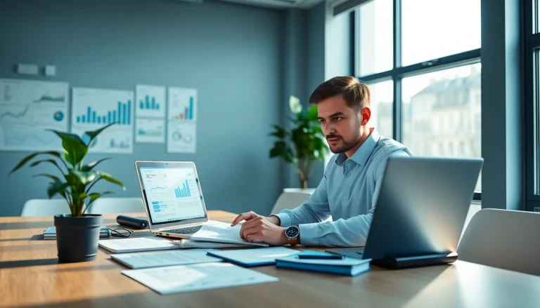 Księgowość dla spółki budowlanej, przedstawiająca profesjonalnego księgowego analizującego dane finansowe w nowoczesnym biurze.