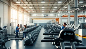 Dynamic scene of a fitness equipment manufacturer assembling high-quality treadmills with skilled workers in a modern facility.