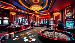 Play at nhà cái nohu90, featuring lively casino tables, thrilling slot machines, and vibrant games.