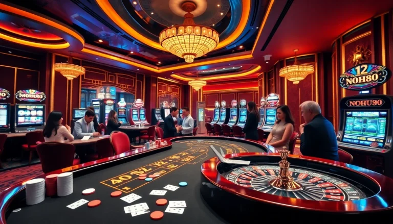 Play at nhà cái nohu90, featuring lively casino tables, thrilling slot machines, and vibrant games.