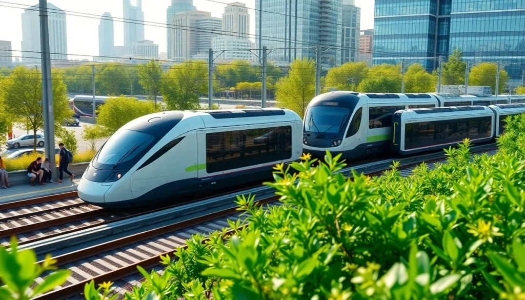 Showcasing rail systems in a dynamic urban landscape with modern train designs.