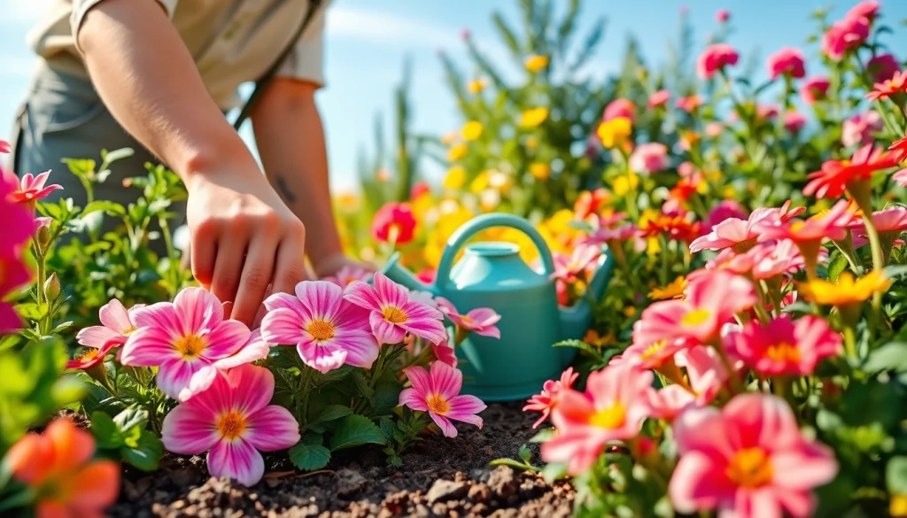 Gardening expert tending to vibrant flower garden with colorful blooms and essential gardening tools.