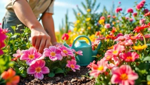 Gardening expert tending to vibrant flower garden with colorful blooms and essential gardening tools.