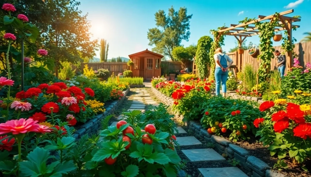 Gardening enthusiast tending to tomatoes in a vibrant garden with colorful flowers.