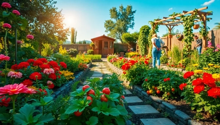Gardening enthusiast tending to tomatoes in a vibrant garden with colorful flowers.