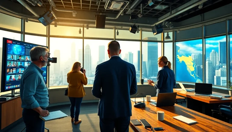 Capture the essence of journalism at https://newsharbor.com.ua with a busy team in a modern newsroom.