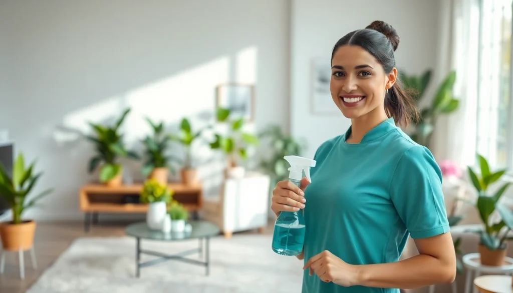 Showcasing a cleaning service in action, a professional cleaner making a home shine with eco-friendly products.