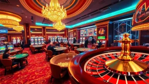 Experience the excitement of NEW88 Trang chủ with players enjoying various casino games in a vibrant setting.