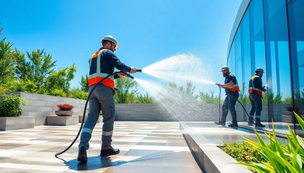 Visokotlačno čiščenje tlakovcev by SureClean, showcasing professional cleaning of paving stones, walls, and glass surfaces.