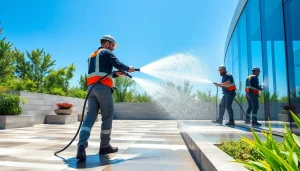 Visokotlačno čiščenje tlakovcev by SureClean, showcasing professional cleaning of paving stones, walls, and glass surfaces.