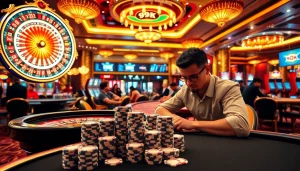 A vibrant casino floor with players at roulette and blackjack tables, showcasing 99OK.COM's luxurious gambling experience.