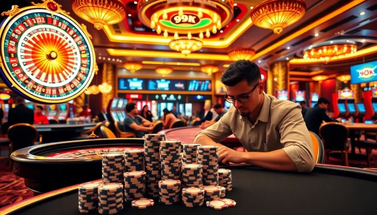 A vibrant casino floor with players at roulette and blackjack tables, showcasing 99OK.COM's luxurious gambling experience.