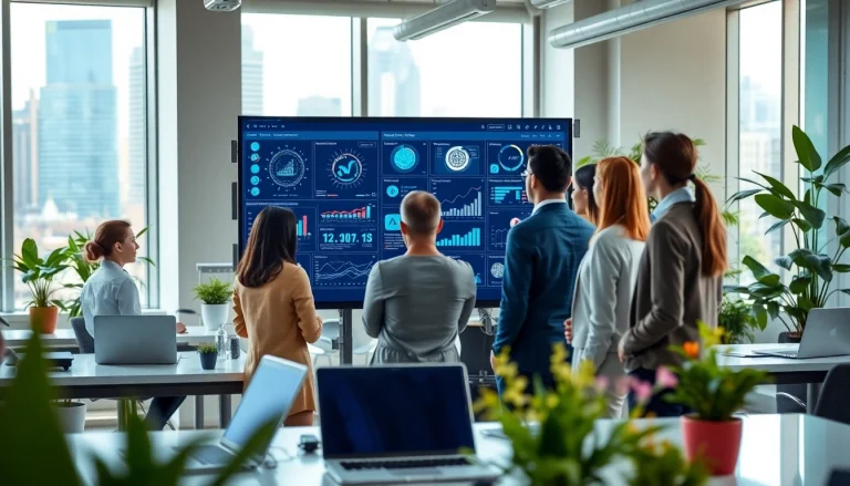 Find AI with AI showcasing professionals using diverse AI tools in an innovative workspace.