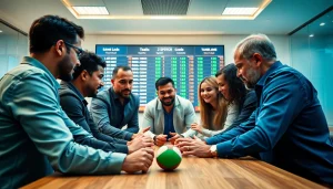 Anthonyhuant.fr guide sur les paris sportifs avec des experts entourés de tableaux lumineux.