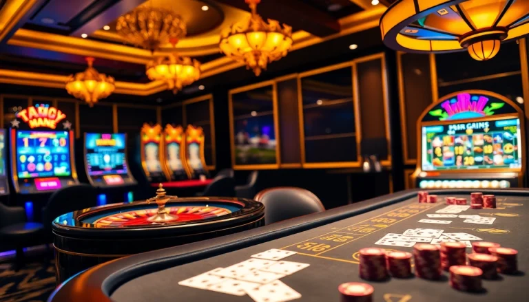Engaging scene from Trang Chủ MM88 showcasing vibrant casino tables, poker chips, and roulette wheels.