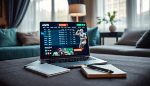 Menggambarkan agen sbobet di laptop dengan suasana serius melakukan taruhan online.