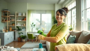 Provide a sanitary cleaning service by showcasing sparkling surfaces and a dedicated cleaner.