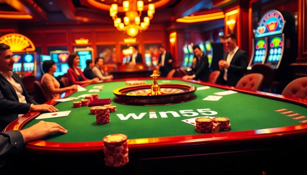 Win55 players experience the excitement at a luxurious casino table with vibrant betting elements.