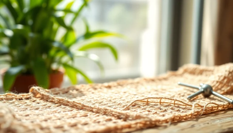 Jute stof met authentieke texturen op een rustieke houten tafel.