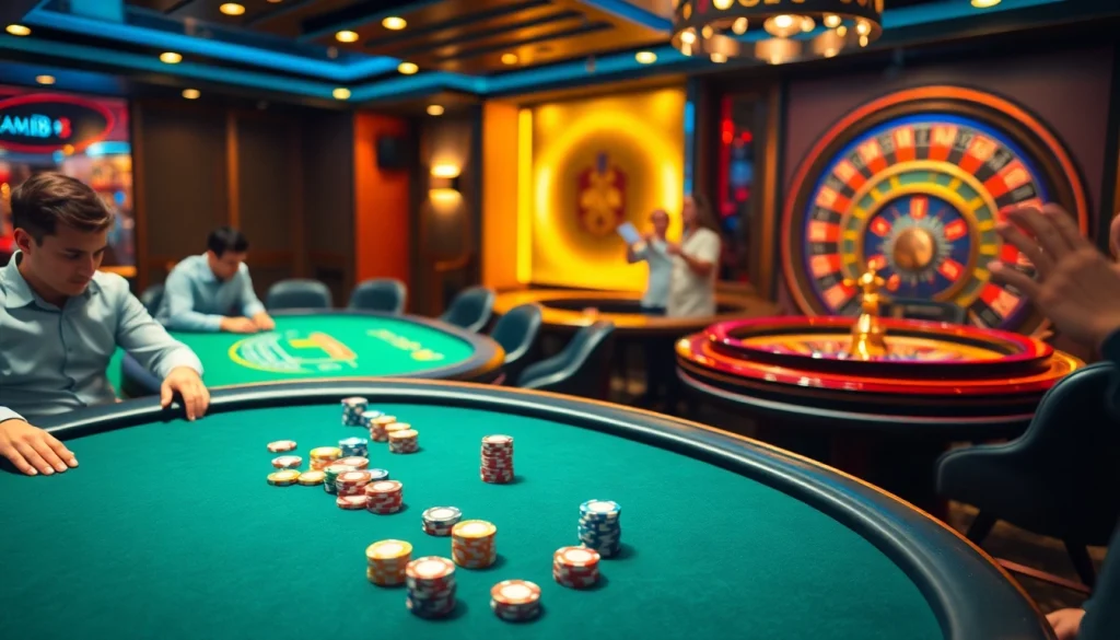 GO8 players engage in an intense poker game with colorful chips and a vibrant atmosphere.