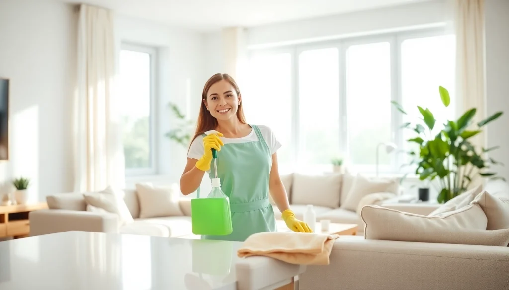 Professional cleaning service with eco-friendly products showcased by https://www.ecocleanellies.com in a modern, bright home.