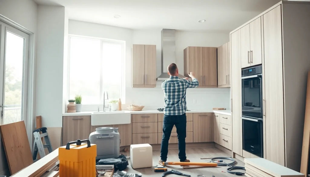 Home renovation project showcasing a modern kitchen with a contractor at work.