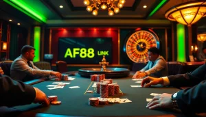 Experience the thrill of live gaming at AF88 LINK with a luxurious poker scene displaying action and excitement.