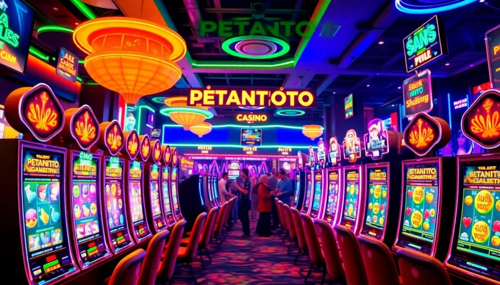Petanitoto menawarkan pengalaman bermain slot online dengan karakter yang ceria dan mesin slot berwarna-warni.