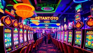 Petanitoto menawarkan pengalaman bermain slot online dengan karakter yang ceria dan mesin slot berwarna-warni.