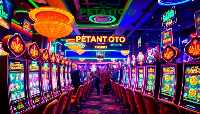 Petanitoto menawarkan pengalaman bermain slot online dengan karakter yang ceria dan mesin slot berwarna-warni.