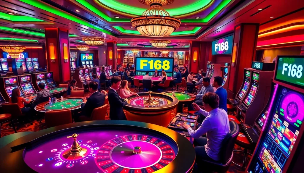 Players enjoying thrilling games at F168 casino with roulette, poker, and vibrant slot machines.