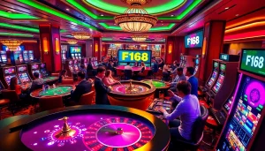 Players enjoying thrilling games at F168 casino with roulette, poker, and vibrant slot machines.