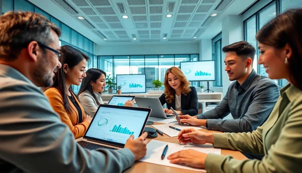 Efficient collaboration among professionals using WPS办公软件 in a modern office setting, highlighting its AI-powered features.