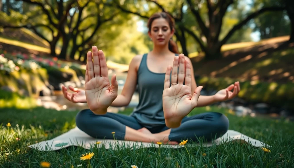 Yoga mudras showcased through hand gestures against a serene nature backdrop.