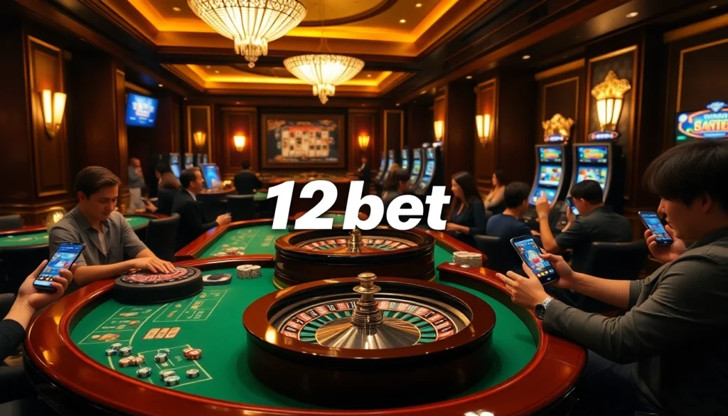 Players engaging in a thrilling 12bet gambling experience at a luxurious casino.