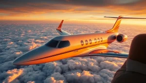 Experience the elegance of Fly 88's private jet soaring through a stunning sunset sky.
