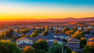 Stunning sunset over Clarksburg CA, highlighting residential neighborhoods and vineyards.