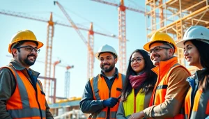 Engaged professionals discussing Careers in construction on a job site with cranes in the background.