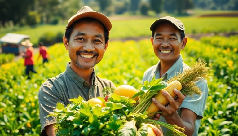 Petani toto menunjukkan hasil panennya dengan senyuman di ladang yang subur.