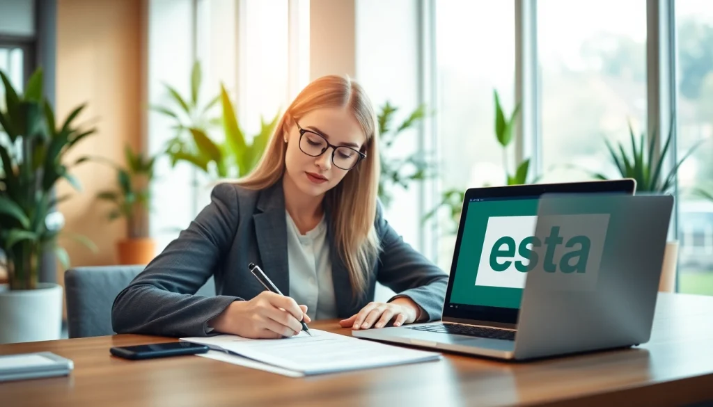 Engaging in the esta application process with a detailed application form and a laptop.