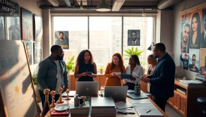 Hip hop pr agency team collaborating creatively in a vibrant office.